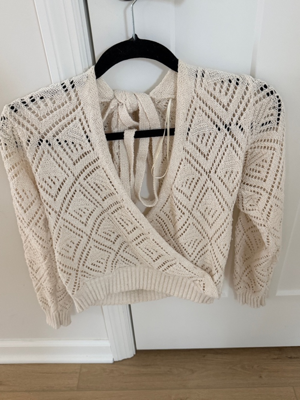 debut Cream Openwork Wrap V-Neck Sweater with Back Tie